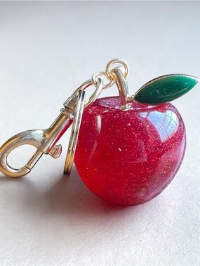 Sparkling Red Apple Keychain with Green Leaf NWOT